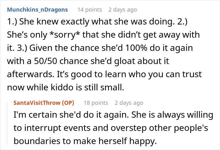 Comments discussing a step-grandma sneaking a baby to Santa, losing babysitting privileges for overstepping boundaries. Comments discussing a step-grandma sneaking a baby to Santa, losing babysitting privileges for overstepping boundaries.