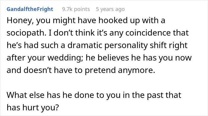 Comment discussing a woman’s marriage falling apart two weeks after her husband ruined their wedding. Comment discussing a woman’s marriage falling apart two weeks after her husband ruined their wedding.