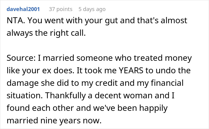 Screenshot of a Reddit comment discussing relationship issues involving debt and financial trust after a wedding payment demand.