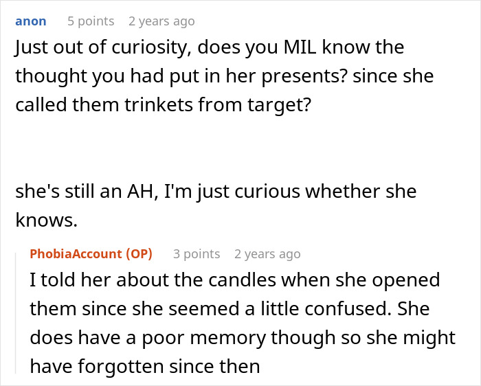 Screenshot of an online discussion about a woman upset with her son’s partner for no gift after banning tacky little trinkets. Screenshot of an online discussion about a woman upset with her son’s partner for no gift after banning tacky little trinkets.