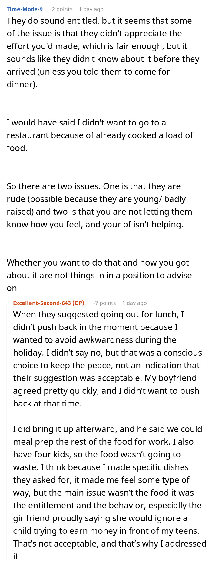 Text discussing a woman bending over backwards for boyfriendâs son and his girlfriend, feeling disgusted by their behavior. Text discussing a woman bending over backwards for boyfriendâs son and his girlfriend, feeling disgusted by their behavior.