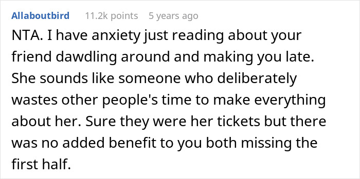 Comment about lady’s unpunctual friend painting nails and causing delay before event, leading to frustration.