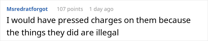 Screenshot of a Reddit comment stating intention to press charges due to illegal actions involving a roommate and grass allergy prank.