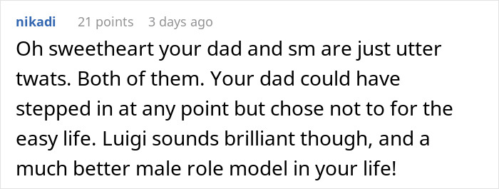 Comment criticizing dad and stepmother, praising Luigi as a better male role model for the insecure teen. Comment criticizing dad and stepmother, praising Luigi as a better male role model for the insecure teen.