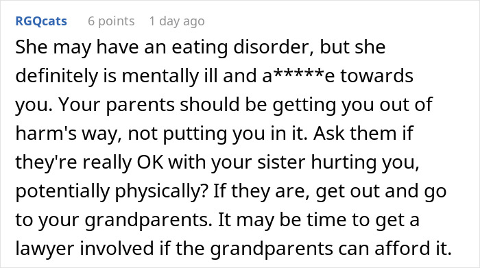 Text message discussing mental illness and family conflict involving a sister threatening harm and parents wanting a reunion. Text message discussing mental illness and family conflict involving a sister threatening harm and parents wanting a reunion.