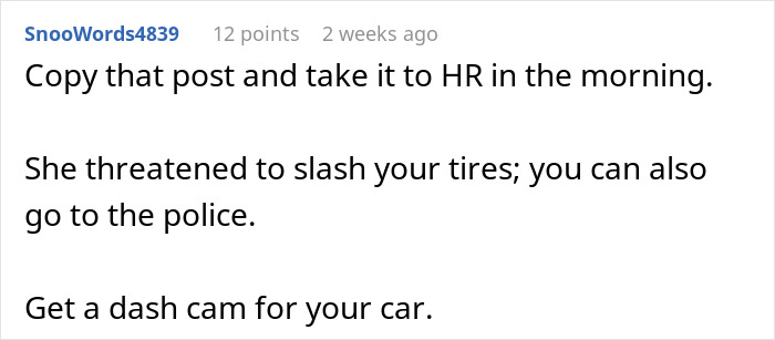 Screenshot of a social media comment advising to report a coworker conflict to HR involving threats and police action.