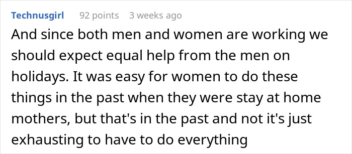 Screenshot of an online comment discussing feminism and the unequal holiday labor burden on moms. Screenshot of an online comment discussing feminism and the unequal holiday labor burden on moms.