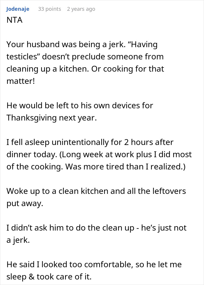 Comment discussing husband backing out of deal to help clean up after Thanksgiving meal and wife calling him out. Comment discussing husband backing out of deal to help clean up after Thanksgiving meal and wife calling him out.