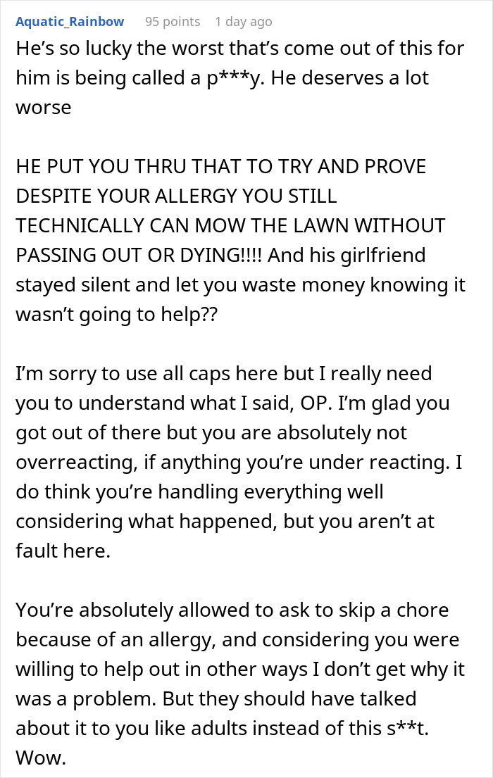 Text post with a Reddit user expressing anger about proving a roommate&rsquo;s allergy to grass by putting grass in her pillow.