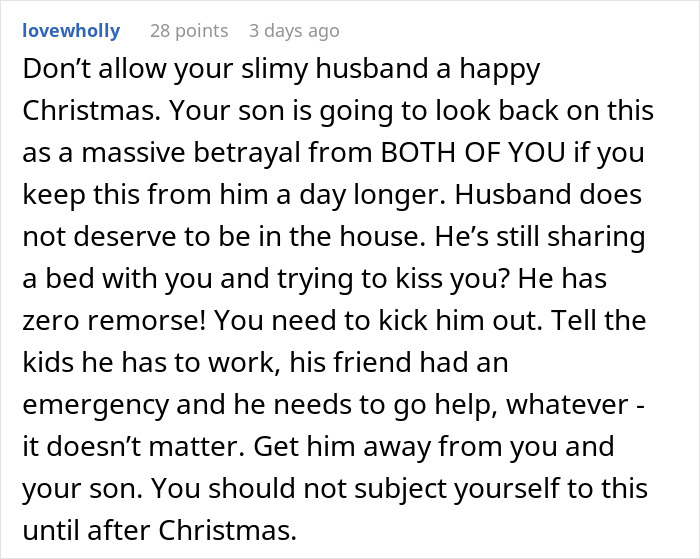 Reddit comment advising to kick out a husband amid affair doubts involving son’s recent ex and potential baby confusion. Reddit comment advising to kick out a husband amid affair doubts involving son’s recent ex and potential baby confusion.