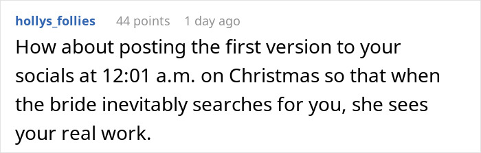 Comment discussing a plan to post a wedding illustration early so the bride sees the artist’s original work first.