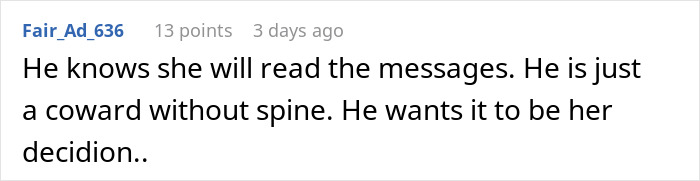 Screenshot of an online comment discussing a fiancé’s secret texts complaining about appearance before wedding photos. Screenshot of an online comment discussing a fiancé’s secret texts complaining about appearance before wedding photos.