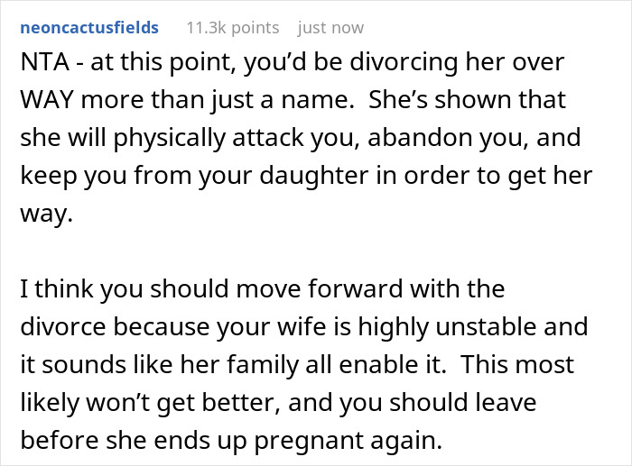 Comment discussing a couple on the verge of breakup over their newborn's bizarre name and escalating family conflict.