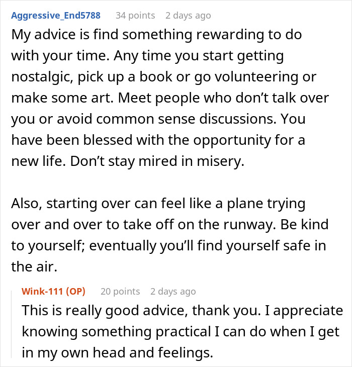 Comment offering advice on moving forward and finding peace after regretting a divorce and facing reality checks.