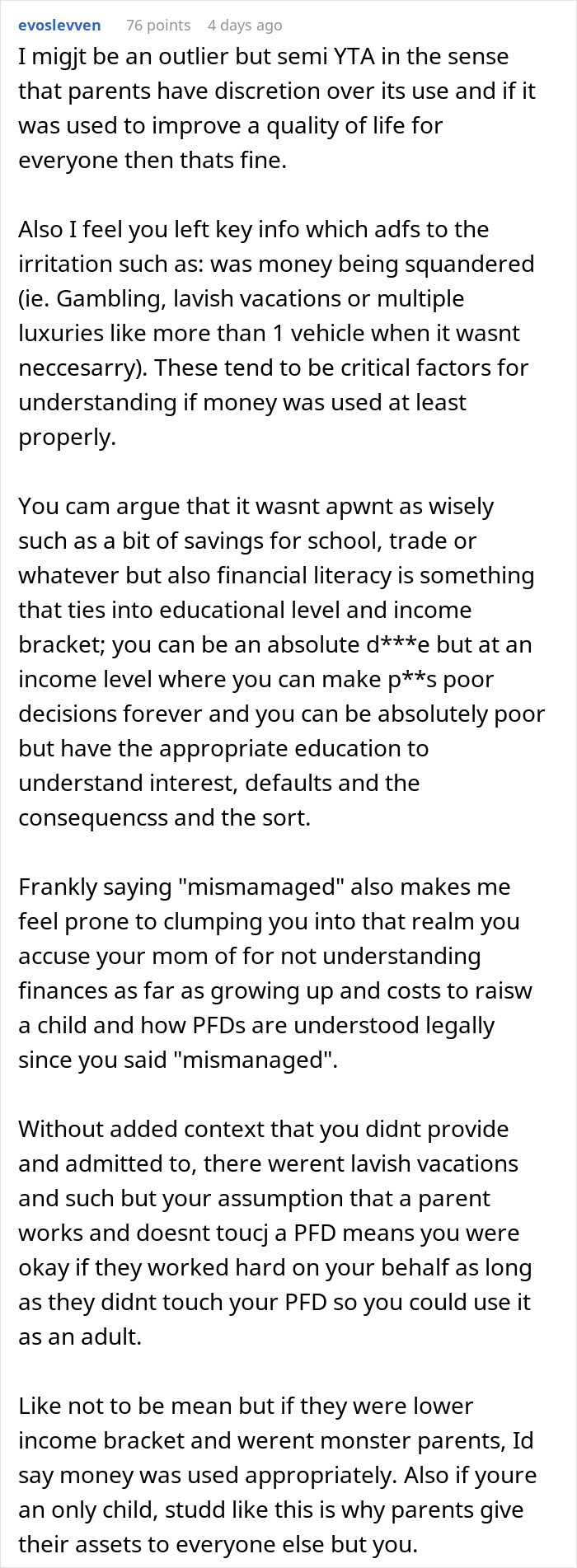 Comment discussing teen wondering about missing $30k and vague mom answers, sparking online controversy about gratitude. Comment discussing teen wondering about missing $30k and vague mom answers, sparking online controversy about gratitude.