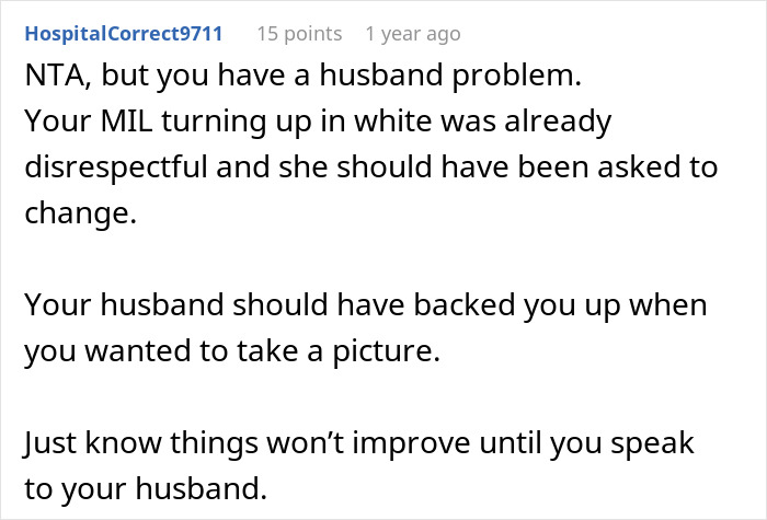 Screenshot of a forum comment discussing a mother-in-law wearing a white dress to her son&rsquo;s wedding and causing tension.