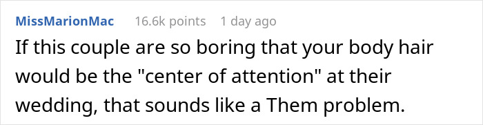 Comment on bride and groom offended by woman's hairy armpits, causing guests to feel uncomfortable at wedding. Comment on bride and groom offended by woman's hairy armpits, causing guests to feel uncomfortable at wedding.