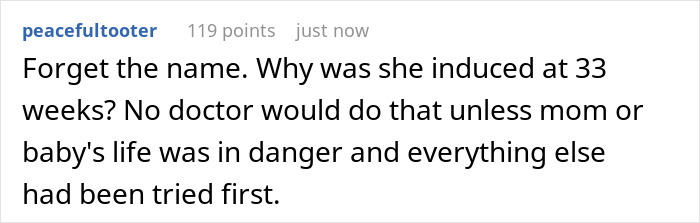 Comment discussing concerns about newborn's health risks and the couple's stress over bizarre baby name Tragedeigh.