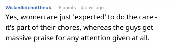 Screenshot of an online comment discussing how women’s care efforts are often overlooked compared to praise men receive. Screenshot of an online comment discussing how women’s care efforts are often overlooked compared to praise men receive.