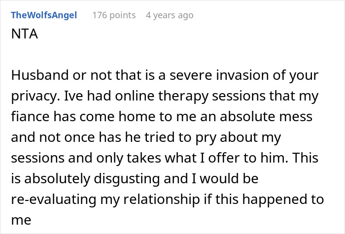 User comment discussing invasion of privacy and concerns over recording private therapy sessions by a spouse out of concern. User comment discussing invasion of privacy and concerns over recording private therapy sessions by a spouse out of concern.