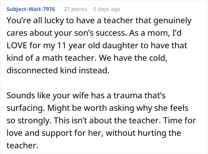 Screenshot of an online comment discussing a mom furious over a teacher's inappropriate note to her son. Screenshot of an online comment discussing a mom furious over a teacher's inappropriate note to her son.