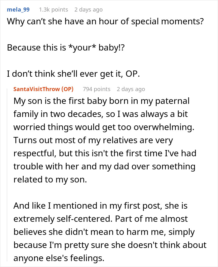 Reddit conversation discussing step-grandma sneaking baby to Santa, causing family conflict and losing babysitting privileges. Reddit conversation discussing step-grandma sneaking baby to Santa, causing family conflict and losing babysitting privileges.