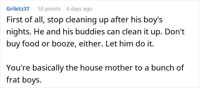 Screenshot of a Reddit comment discussing cleaning up after boys’ nights and frustration with men having friends. Screenshot of a Reddit comment discussing cleaning up after boys’ nights and frustration with men having friends.
