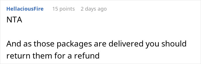 Comment from user HellaciousFire advising to return delivered packages for a refund in a marriage conflict involving financial issues. Comment from user HellaciousFire advising to return delivered packages for a refund in a marriage conflict involving financial issues.