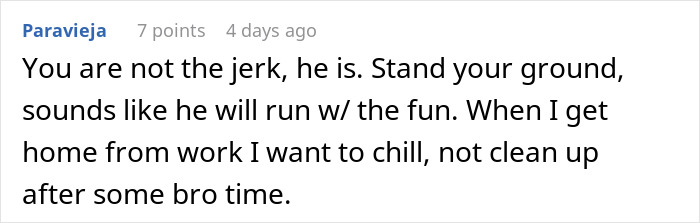 Text comment about a woman shutting down boys’ nights at their house after they go too far, expressing dislike of friends. Text comment about a woman shutting down boys’ nights at their house after they go too far, expressing dislike of friends.