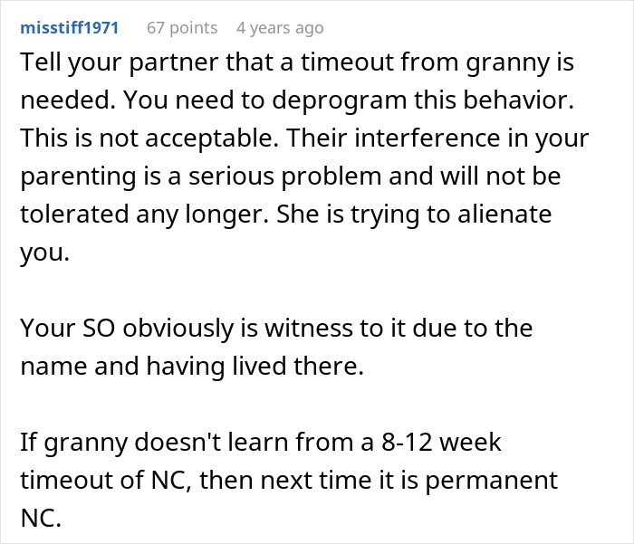 Text comment discussing setting boundaries with granny to protect parenting roles in mil-teach-toddler-mama-mother context. Text comment discussing setting boundaries with granny to protect parenting roles in mil-teach-toddler-mama-mother context.