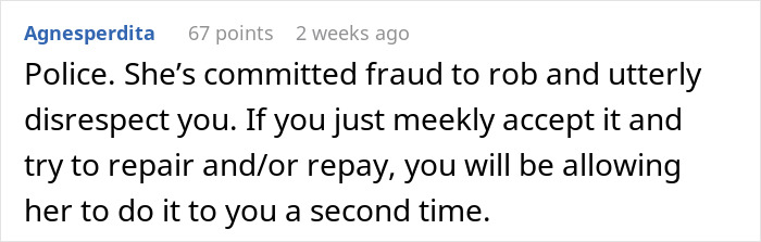 Comment from user Agnesperdita discussing fraud and advice on handling a situation involving mom-nuked-credit-score issues.