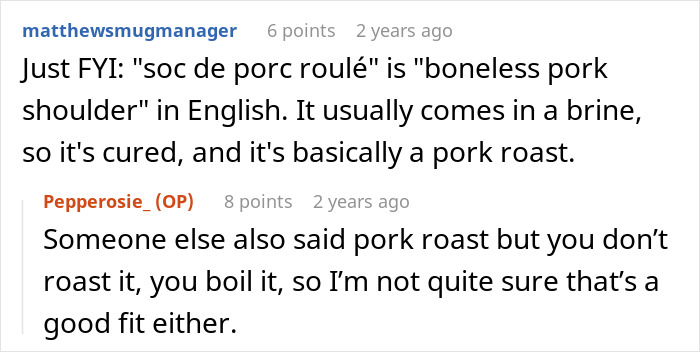 Commenters discussing the translation and cooking method of boneless pork shoulder in a conversation about vegetarian Christmas meals. Commenters discussing the translation and cooking method of boneless pork shoulder in a conversation about vegetarian Christmas meals.