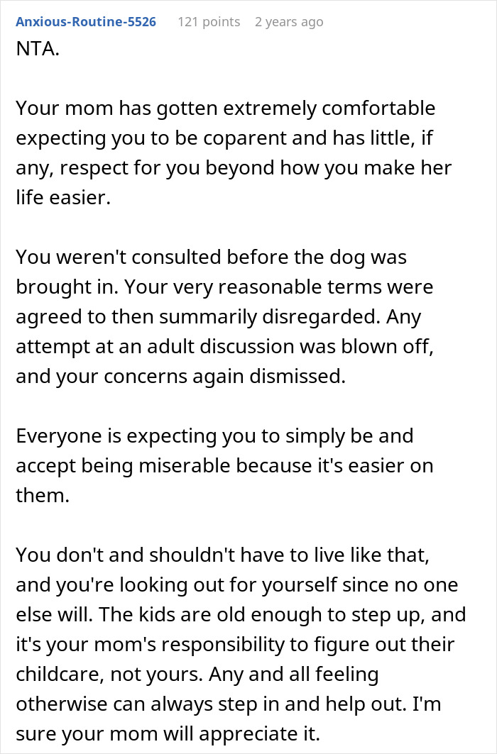 Text comment discussing family conflict over childcare responsibilities and a 23-year-old moving out. Text comment discussing family conflict over childcare responsibilities and a 23-year-old moving out.