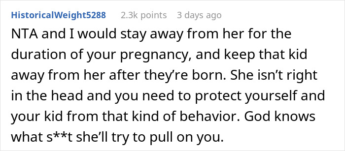 Comment warning about a woman’s behavior and emphasizing protection during pregnancy and after birth in a family intervention context. Comment warning about a woman’s behavior and emphasizing protection during pregnancy and after birth in a family intervention context.