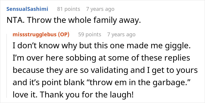 Reddit comments showing a woman feeling like she ruined Thanksgiving after blowing up at family for leaving dinner.