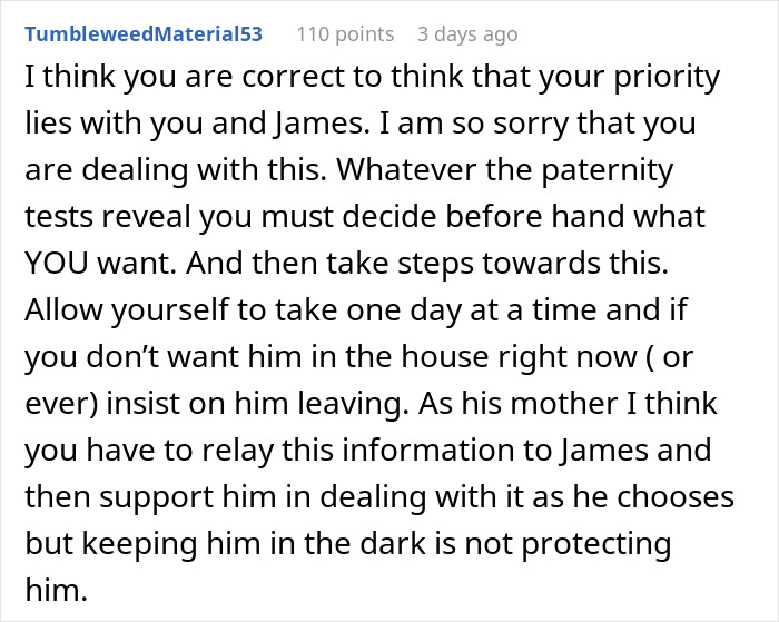 Screenshot of a Reddit comment sharing advice on paternity tests and dealing with an uncertain baby father situation. Screenshot of a Reddit comment sharing advice on paternity tests and dealing with an uncertain baby father situation.