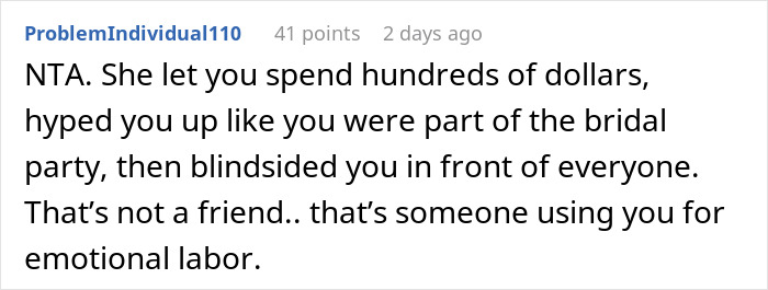 Reddit comment discussing a painful wedding dress shopping trip turning into an emotional friendship wake-up call.