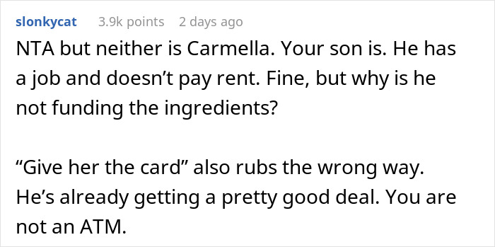 Comment discussing a mom accused of embarrassing son’s girlfriend who offered to cook meals, questioning ingredient funding. Comment discussing a mom accused of embarrassing son’s girlfriend who offered to cook meals, questioning ingredient funding.