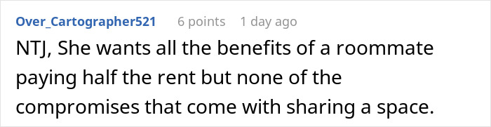 Comment about roommate refusing to follow strict vegan rules in shared kitchen, labeled selfish by others.