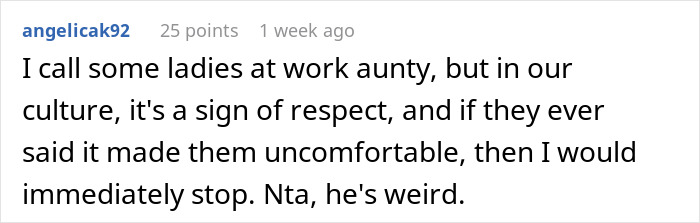 Comment discussing a woman weirded out as coworker insists on calling her his work mom in a workplace context.