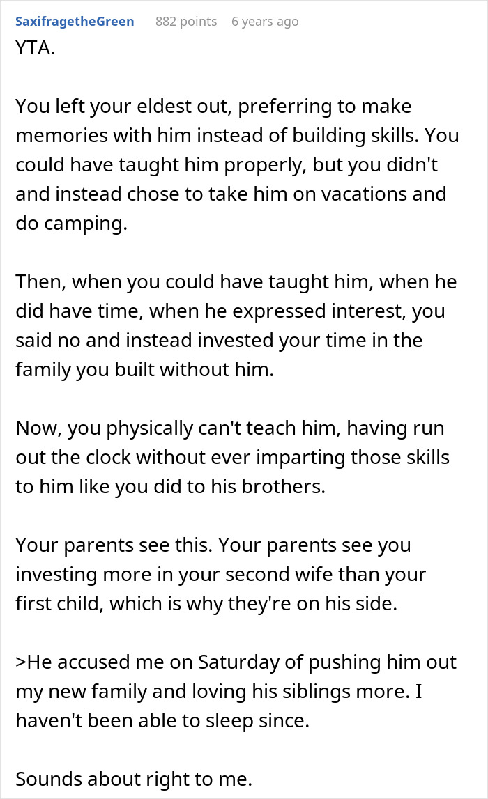 Comment on a forum about a man upset his dad didn’t pass on craft skills while half-brothers start a business using them.