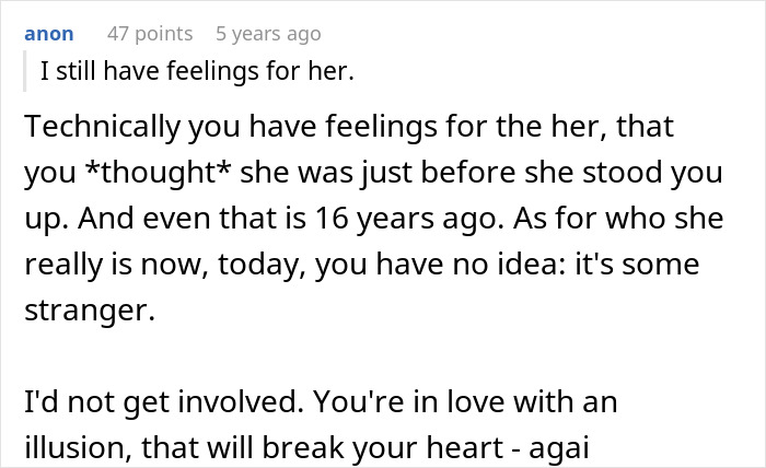 Commenter reflecting on man left without closure after fianc&eacute; disappears before wedding, sharing advice about unresolved feelings.