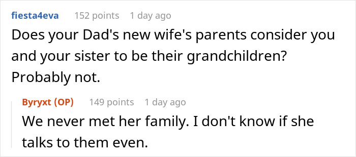Reddit conversation about a dad cutting off late wife’s family and teen calling him out over new baby demands. Reddit conversation about a dad cutting off late wife’s family and teen calling him out over new baby demands.
