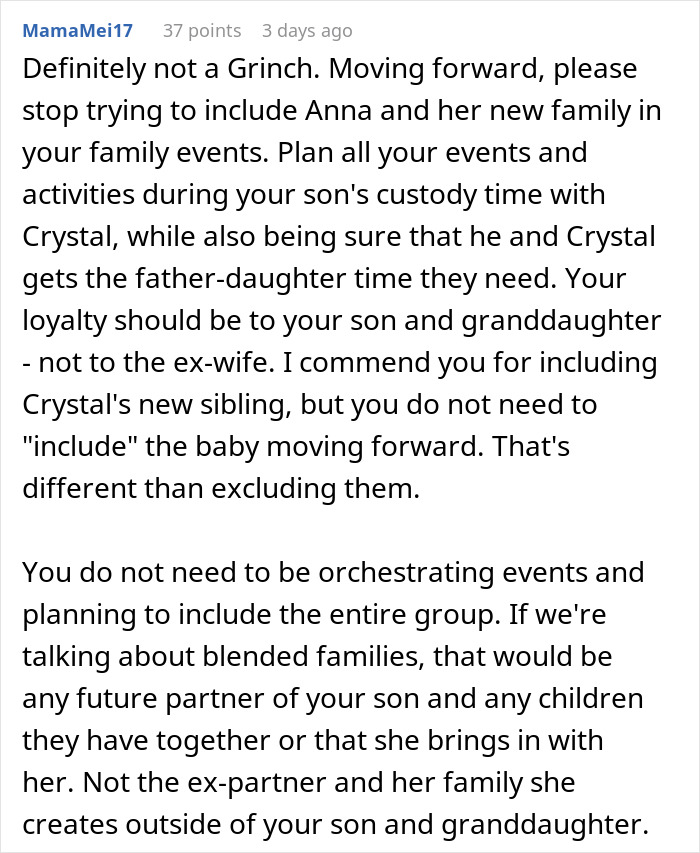 Screenshot of a detailed Reddit comment discussing family custody plans and blended family dynamics in a holiday dispute. Screenshot of a detailed Reddit comment discussing family custody plans and blended family dynamics in a holiday dispute.