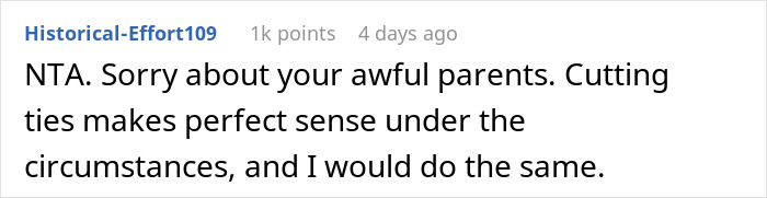 Comment discussing cutting ties with parents after planning a small wedding in response to their revenge.