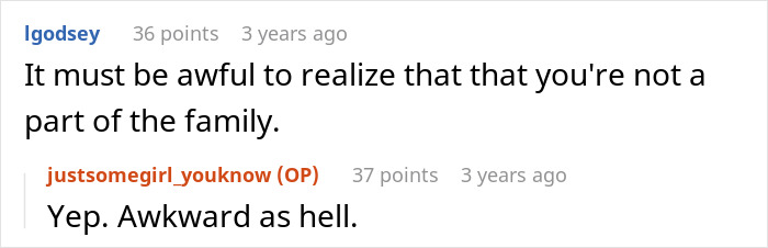 Conversation showing user expressing feeling excluded from family while another agrees it's awkward, highlighting shameless flirting tension. Conversation showing user expressing feeling excluded from family while another agrees it's awkward, highlighting shameless flirting tension.