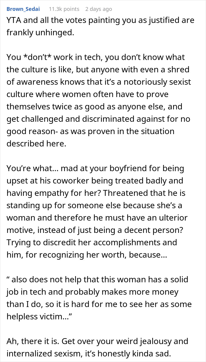 Text excerpt discussing misogyny in tech culture, female colleagues facing discrimination, and jealousy from a girlfriend. Text excerpt discussing misogyny in tech culture, female colleagues facing discrimination, and jealousy from a girlfriend.