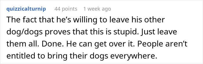 Comment discussing a new mom declining a family vacation due to her brother insisting his pit bull is safe around her baby.