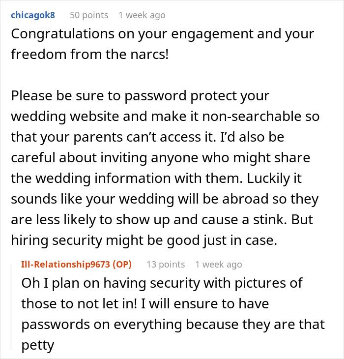 Reddit conversation about bride&rsquo;s parents causing drama, great aunt slamming them, and security at the wedding.