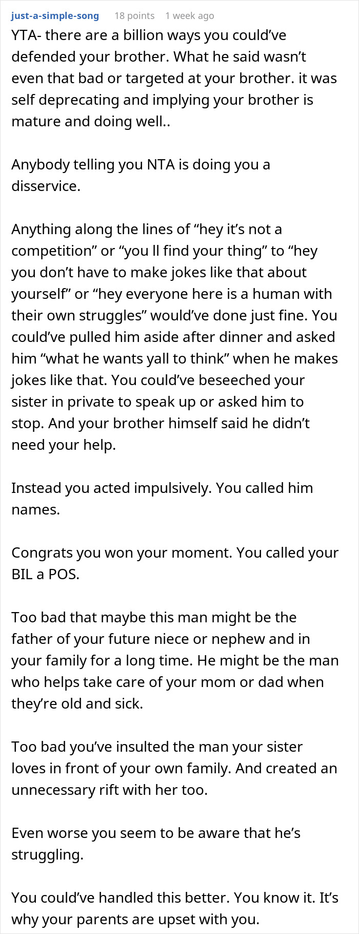 Online discussion text about woman clapping back at BIL tearing down her brother during Thanksgiving dinner. Online discussion text about woman clapping back at BIL tearing down her brother during Thanksgiving dinner.